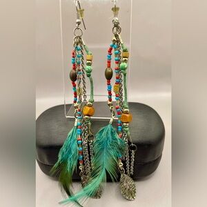 Bohemian Feather Beaded Chain Drop Dangle Earrings. Tribal